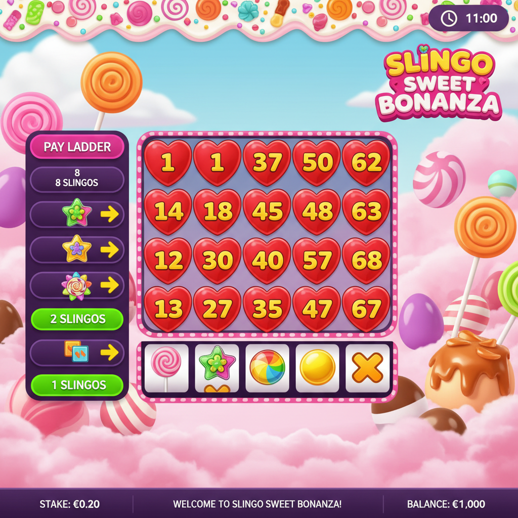 Slingo Sweet Bonanza - siatka bingo 5x5 z czerwonymi serduchanymi kafelkami, kolorowe cukierki, różowe chmury waty cukrowej, fioletowa drabina wygranych