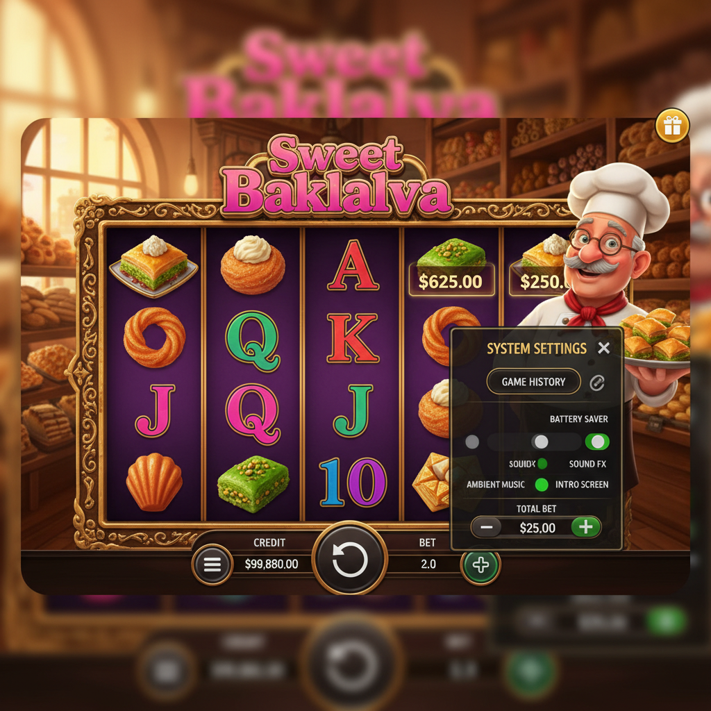 Sweet Baklava slot od Pragmatic Play – automat o tureckim klimacie z szefem kuchni trzymającym talerz baklava, złotą ramą, symbolami deserów i rozgrywką 5x3