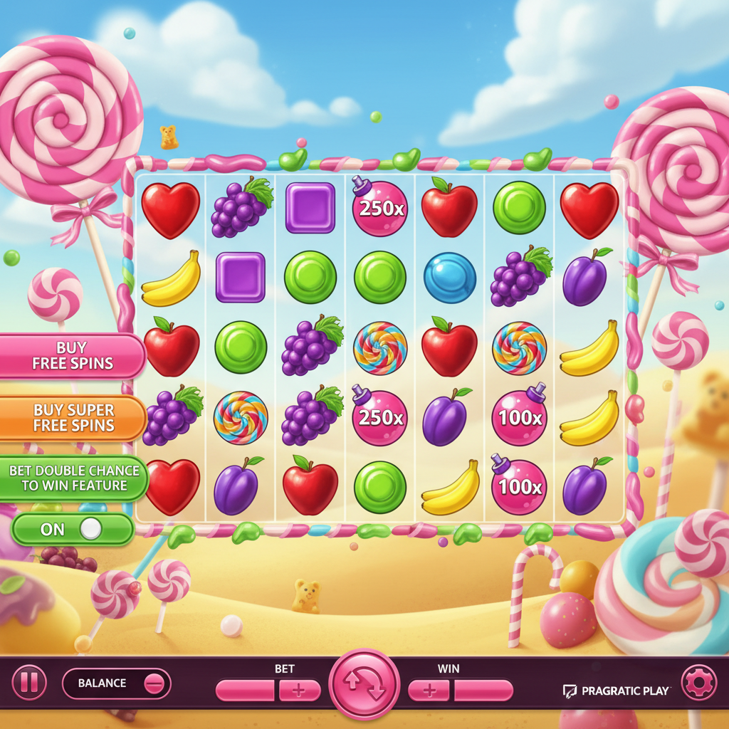 Sweet Bonanza 1000 automat z cukierkami, kolorowymi lizakami spiral, symbolami owoców i mnożnikami bomb na tle pustynnych wydm