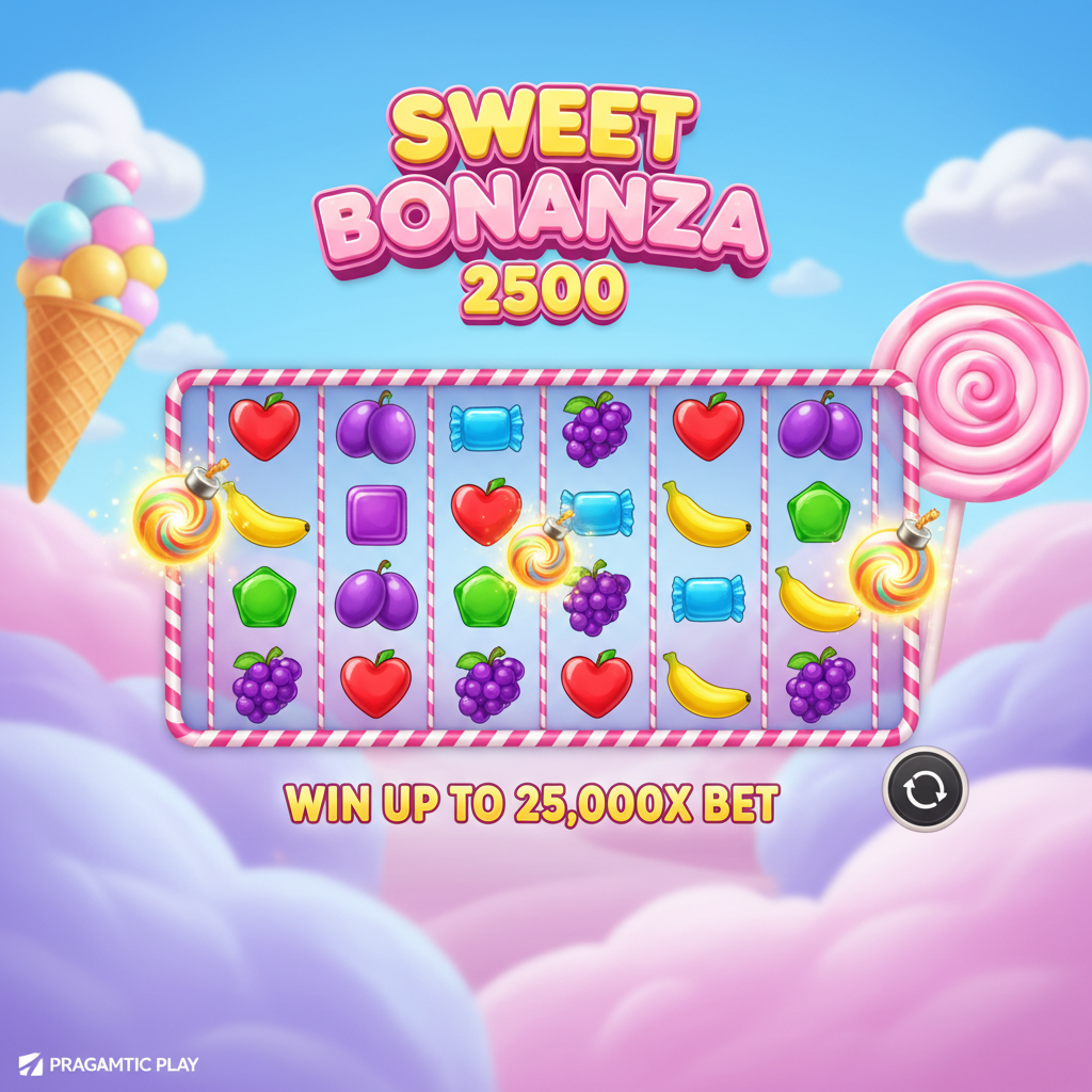 Sweet Bonanza 2500 - kolorowy automat ze słodyczami, siatka 6x5 z bombami multiplikatorów, sercami, winogronami i symbolami owoców na pastelowym tle z cukrową watą
