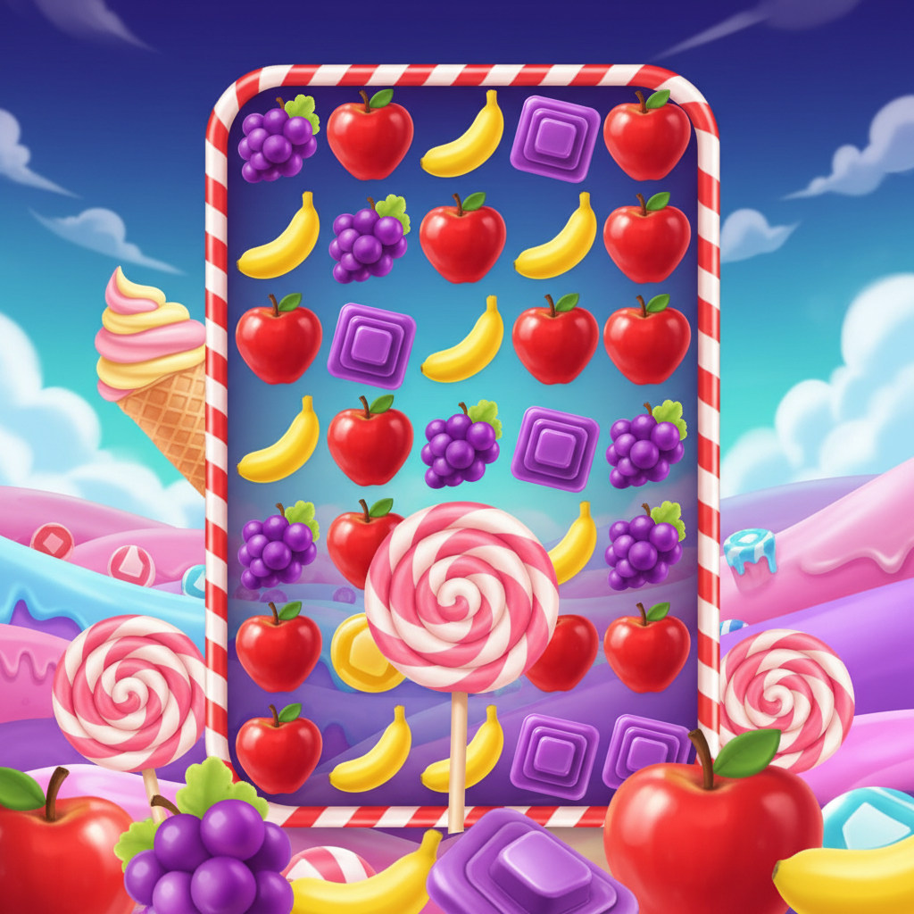 Sweet Bonanza - automat z cukierkami, owocami, lizakami scatter i kolorowymi symbolami na fioletowym tle z kolorową krainą słodyczy