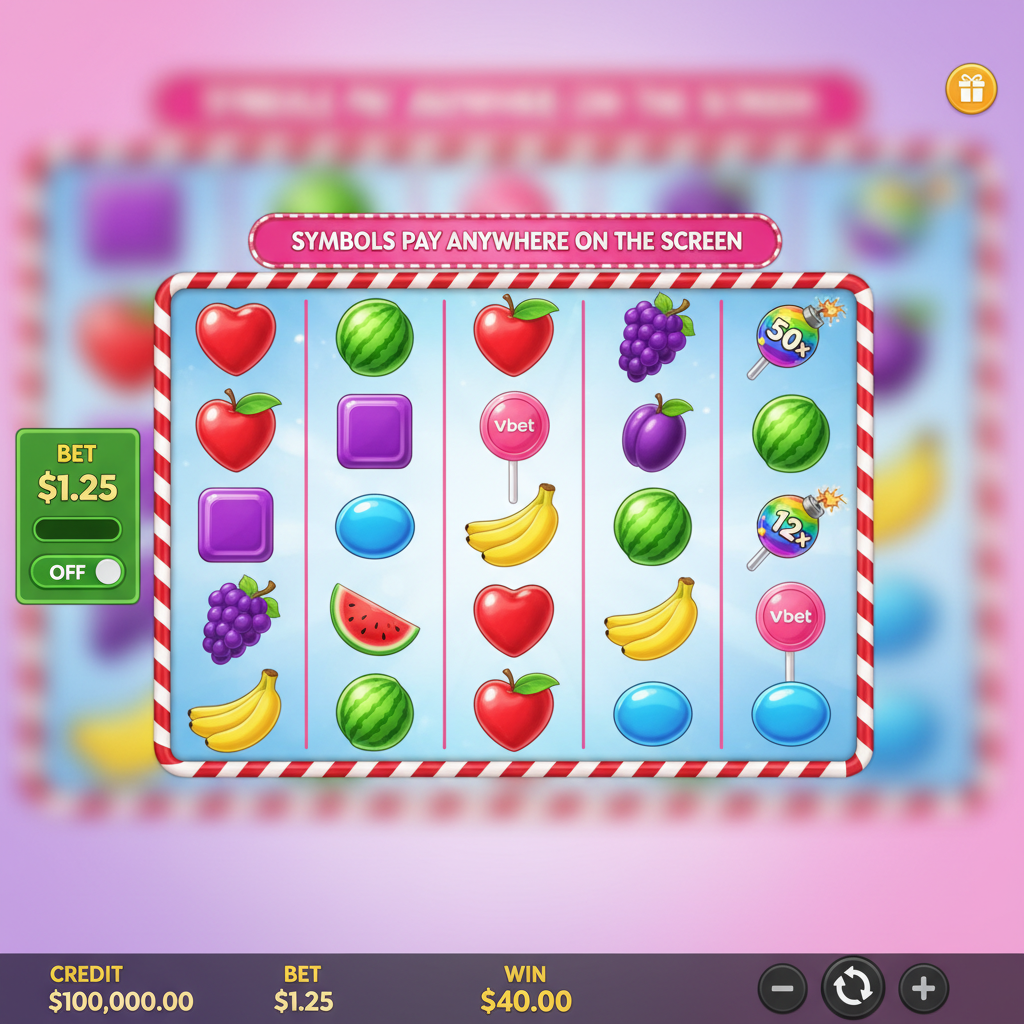 Sweet Bonanza slot z owocami i cukierkami w pastelowym różowym świecie, siatka 6x4 z symbolami serc, jabłek, bananów i mnożników bomby