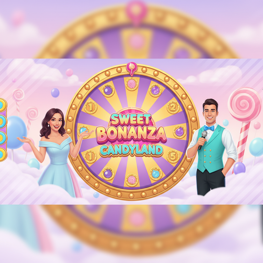 Sweet Bonanza CandyLand - wielkie koło fortuny z segmentami 1, 2, 5, Sugar Bomb, Sweet Spins, Candy Drop i Bubble Surprise, prowadzący na żywo w studiu o tematyce cukierkowej z pastelowymi kolorami