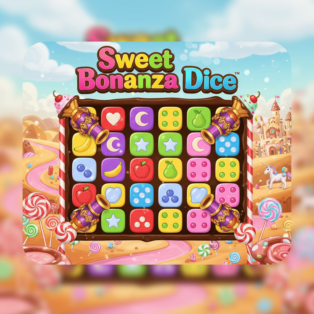 Sweet Bonanza Dice automat do gier online z kolorowymi kostkami cukierkowymi, symbolami owoców, serc i gwiazd na tle krainy słodyczy z lizakami i zamkiem z piernika