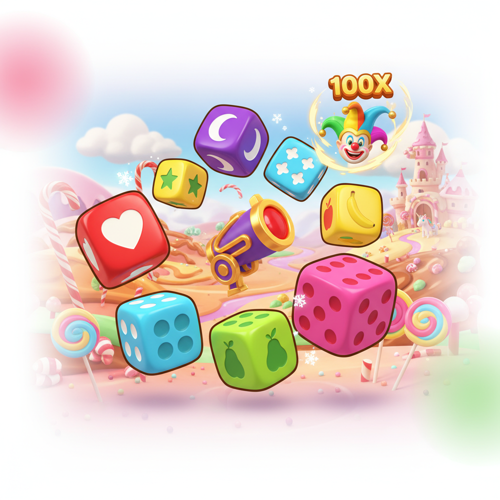 Sweet Bonanza Dice - kolorowa gra slotowa w cukierkowej krainie z kostkami w kształcie serc, księżyców, gwiazd, owoców i symboli specjalnych