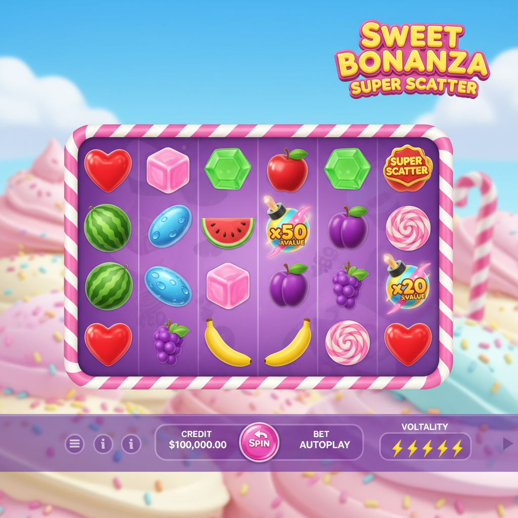Sweet Bonanza Super Scatter slot 6x5 z symbolami owoców, cukierków, lollipopów i kolorowych klejnotów na różowym tle z chmurkami