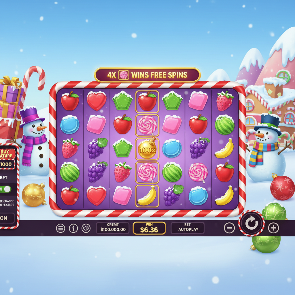 Sweet Bonanza Xmas automat - zimowy krajobraz z bałwanami, cukierkami, symbolami owoców ze śniegiem, kolorowe lizaki i cukierki na siatce 6x5