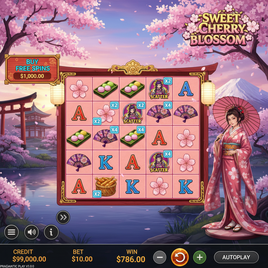 Sweet Cherry Blossom slot 7x7, japońska gejsza z parasolką, kwitnące wiśnie sakura, tradycyjna brama torii, symbole mochi i wachlarza