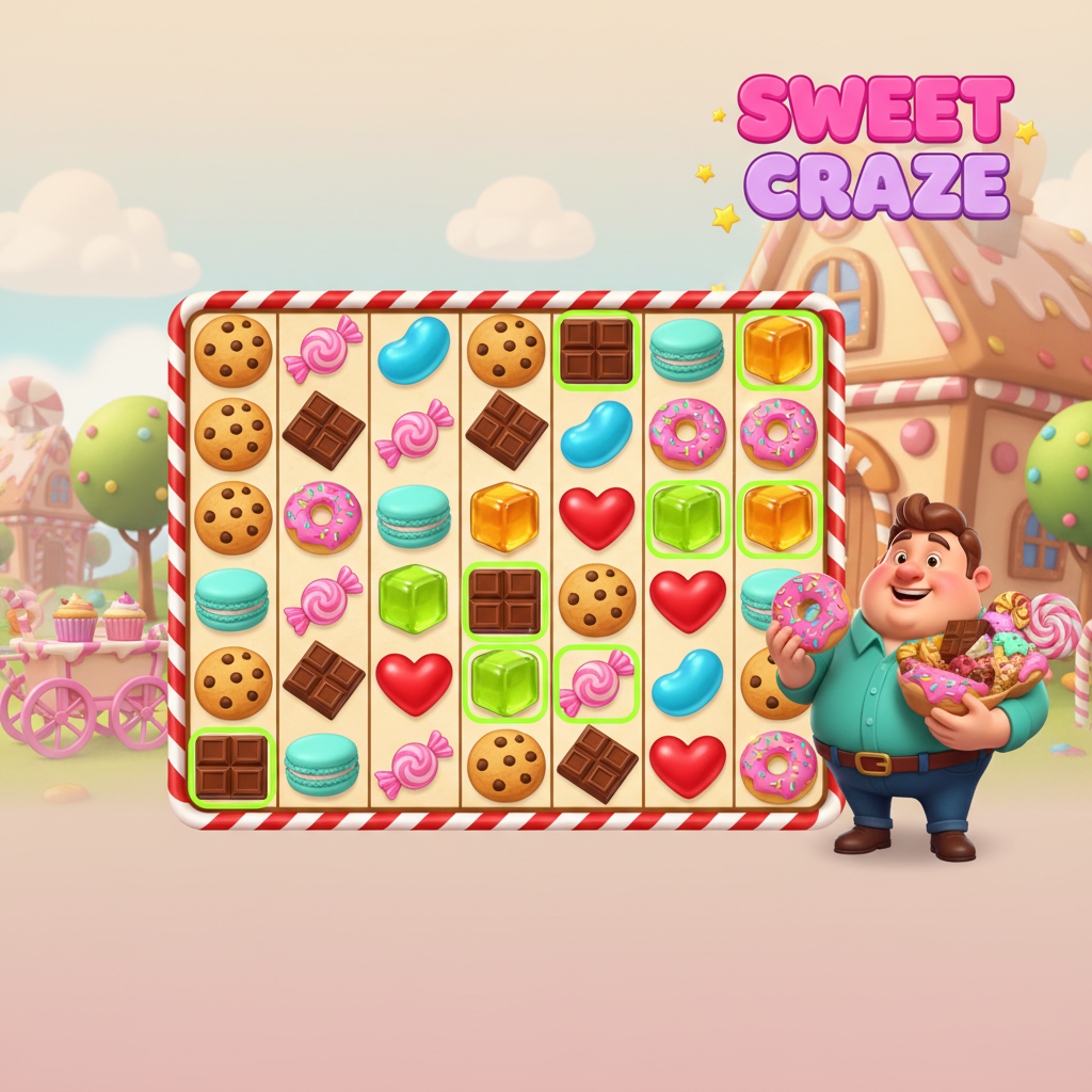 Sweet Craze automat 7x7 z kolorowymi symbolami cukierków - ciasteczka, czekolada, pączki, cukierki w kształcie serc i żelków