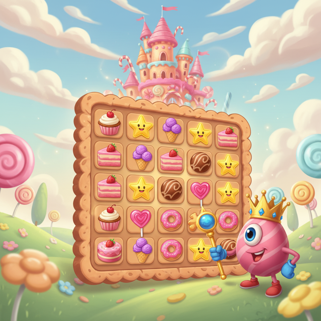 Sweet Kingdom slot game - kolorowa siatka 7x7 z symbolami słodyczy, cukierków, babeczek i tortów na tle różowego zamku w krainie fantasy
