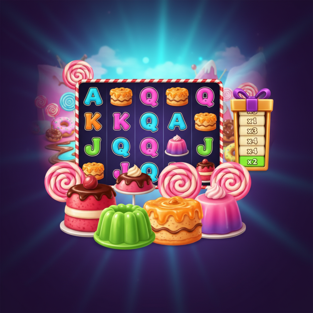 Sweet PowerNudge automat Pragmatic Play z cukierkami, żelkami, ciastkami, symbolami rozrzucającymi lizaka i kolorowym krainą słodyczy